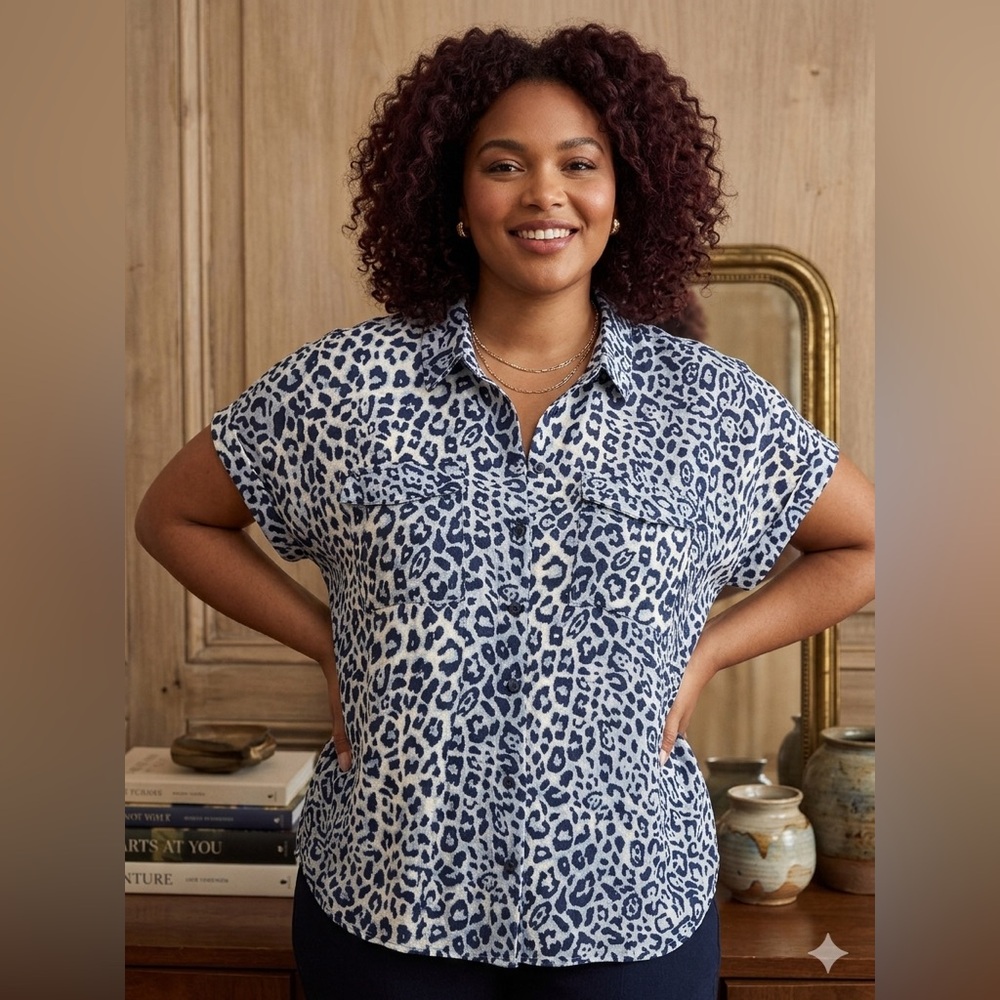SIZE 1X Belle® By Kim Gravel NEW Blue Leopard Button Down Short Sleeve Blouse